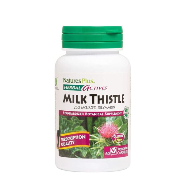 NATURES PLUS Herbal Actives Milk Thistle, 250MG, 80% Silymarin, 60 Veg Caps, Gluten-Free